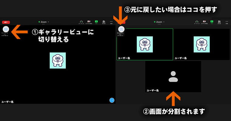 ギャラリービュー(画面分割)の使用方法