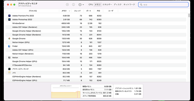 M1MacBookAirのアクティビティ確認